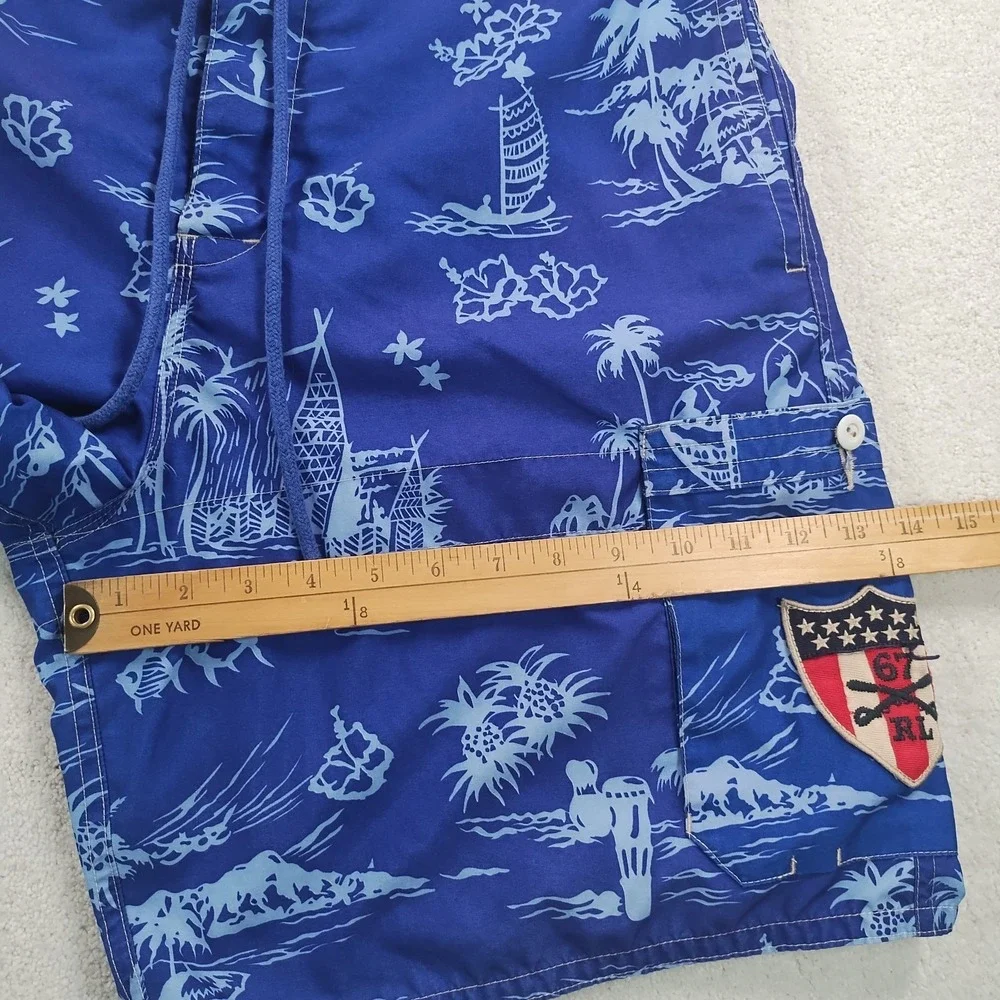 VTG Ralph Lauren Polo Jeans  Board Shorts Mens XL Blue AOP MeshLined Logos Swim